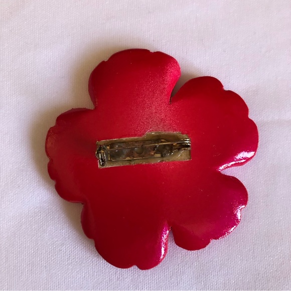 Fuchsia Red / Hot Pink Hibiscus Flower Pin with Rhinestones - Picture 7 of 8